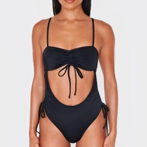 Black Ruched Cut Out Halter Tie Swimsuit