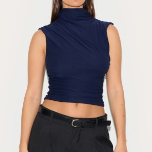 Navy Soft Touch Ruched Detail Long Top