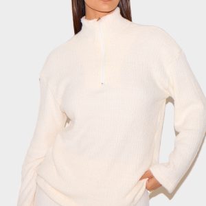 Cream Textured Soft Rib Half Zip High Neck Oversized Long Top