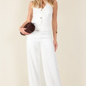 Cream Textured Woven Wide Leg Trouser