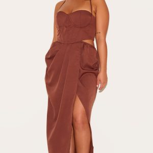 Plus Chocolate Corset Ruched Maxi Dress
