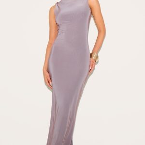 Petite Taupe Asymmetric Shoulder Gold Detail Maxi Dress