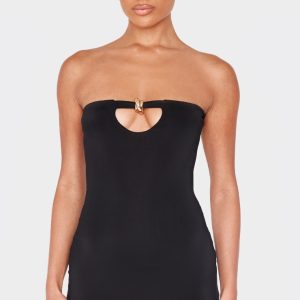 Black Double Layer Slinky Trim Detail Bandeau Mini Dress