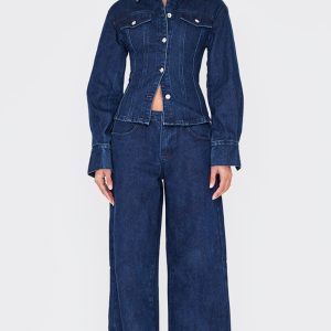 Dark Blue Mid Waist Wide Leg Jeans