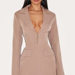 Petite Taupe Hook And Eye Fitted Blazer Dress
