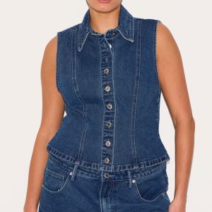 Plus Dark Blue Denim Collar Waistcoat