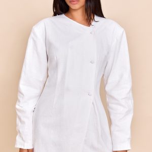 White Premium Linen Cinched Waist Cocoon Sleeve Mini Dress