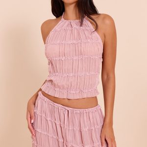 Mauve Chiffon Ruched Frill Detail Halterneck Top