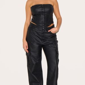 Plus Black Coated Denim Cargo Jeans