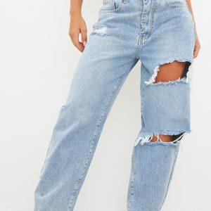 PRETTYLITTLETHING Light Blue Wash Open Knee Boyfriend Jeans