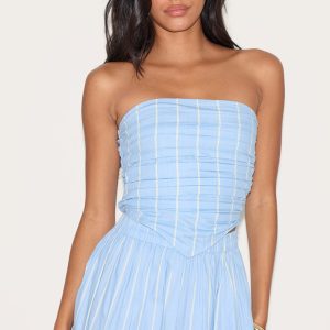 Blue Cotton Poplin Ruched Front Bandeau Top