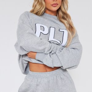 PRETTYLITTLETHING Ash Grey Borg Applique Oversized Sweatshirt