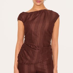 Petite Chocolate Asymmetric Textured Off Shoulder Top