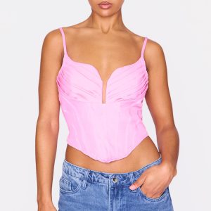 Pink Strappy Pleated Bust Corset Detail Crop Top
