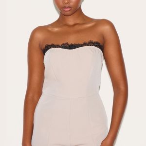 Taupe Lace Detail Woven Bandeau Playsuit