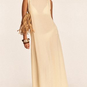 Butter Yellow Floaty Woven Boat Neck Maxi Beach Dress