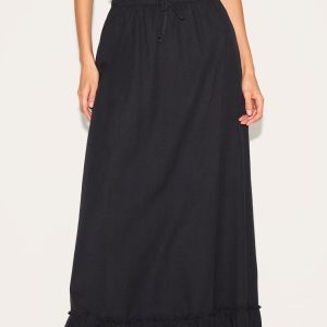 Black Linen Blend Shirred Waist Maxi Skirt