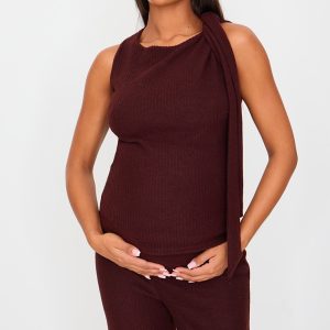 Maternity Chocolate Brushed Rib Tie Shoulder Top