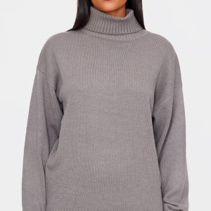 Tall Grey Soft Knit Roll Neck Oversized Jumper