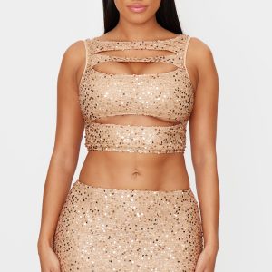 Shape Gold Sequin Cut Out Twist Front Top