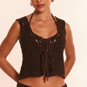 Chocolate Crochet Tie Front Beach Top