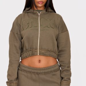 PRETTYLITTLETHING Taupe Studio Embroidered Raw Hem Detail Zip Up Hoodie