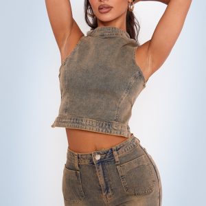 Petite Dirty Grey Denim Backless Top
