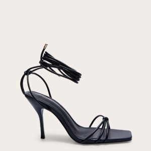 Wide Fit Black PU Square Toe Lace Up High Stiletto Heeled Sandals