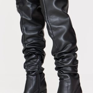 Black Wide Fit Pu Round Toe Ruched Over The Knee Block Heeled Boots