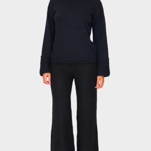 Tall Black Luxe Rib Knit Wide Leg Trousers
