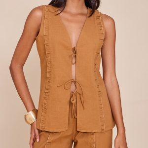 Tan Tie Front Linen Look Sleeveless Top