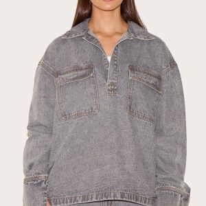 Grey Long Sleeve Slouchy Denim Rugby Shirt