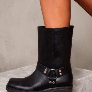 Black PU Square Toe Buckle Detail Ankle Boots