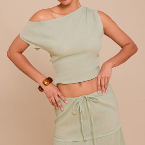 Sage Green Cheesecloth Off The Shoulder Asymmetric Top
