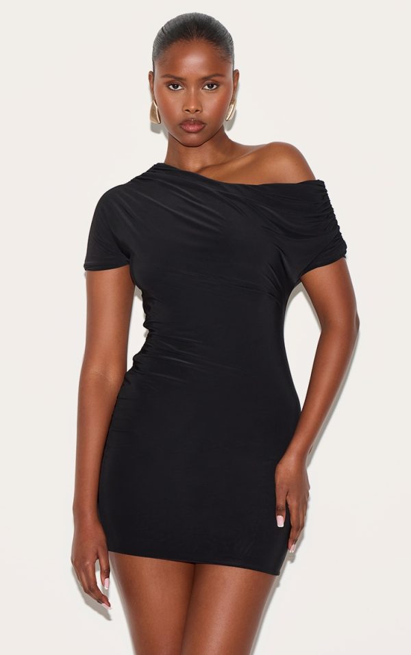 49f5590403fbc8a724cce8457b5f452ab2497c96_CNM2988_1_black_slinky_off_the_shoulder_ruched_mini_dress