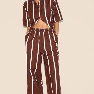 Choc Brown Striped Wide Leg Trousers