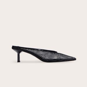Black Mesh Point Toe Low Heel Court Mules
