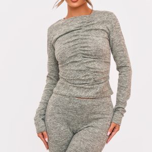 Sage Green Textured Marl Ruched Front Long Sleeve Top