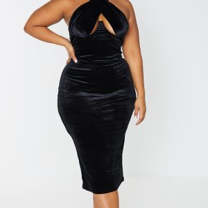 Plus Black Velvet Underwired Cross Front Midi Dress