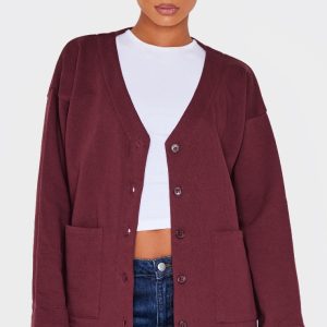 Burgundy Premium Fleeceback Button Front Sweat Cardigan