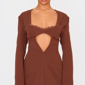 Chocolate Woven Lace Trim Detail Blazer Dress