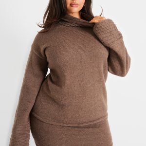 Plus Chocolate Textured Knit Roll Neck Oversized Jumper