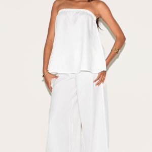 White Woven Mid Rise Wide Leg Trousers
