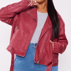 Plus Cherry Red Vintage Faux Leather Oversized Zip Up Biker Jacket