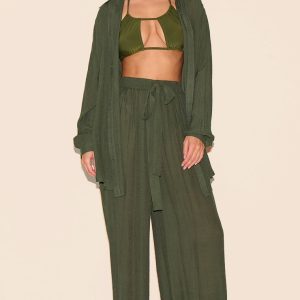 Khaki Green Linen Look Palazzo Beach Trousers