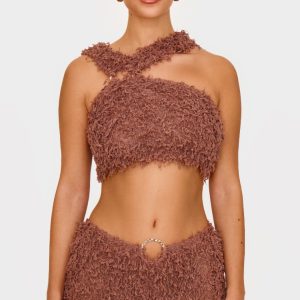 Chocolate Brown Fluffy Textured Halterneck Trim Detail Crop Top
