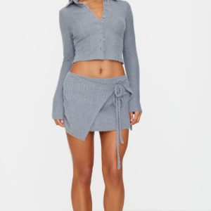 Blue Grey Brushed Texture Pleated Tie Side Mini Skirt