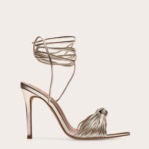 Gold Metallic Pu Point Toe Knotted Strappy High Heeled Sandals