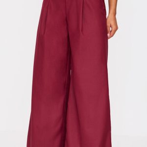 Plum Woven Double Pleat Wide Leg Trousers