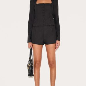 Black Woven Scoop Neck Button Detail Playsuit